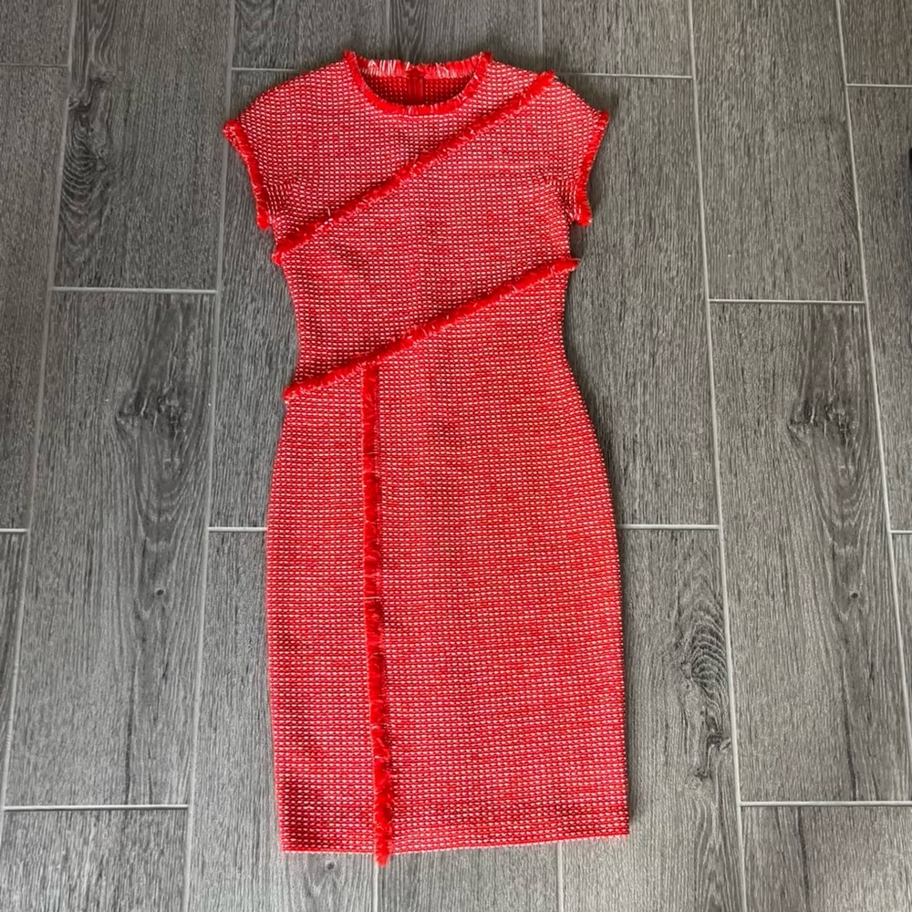 St. John Fringe Tweed Short Sleeve Dress